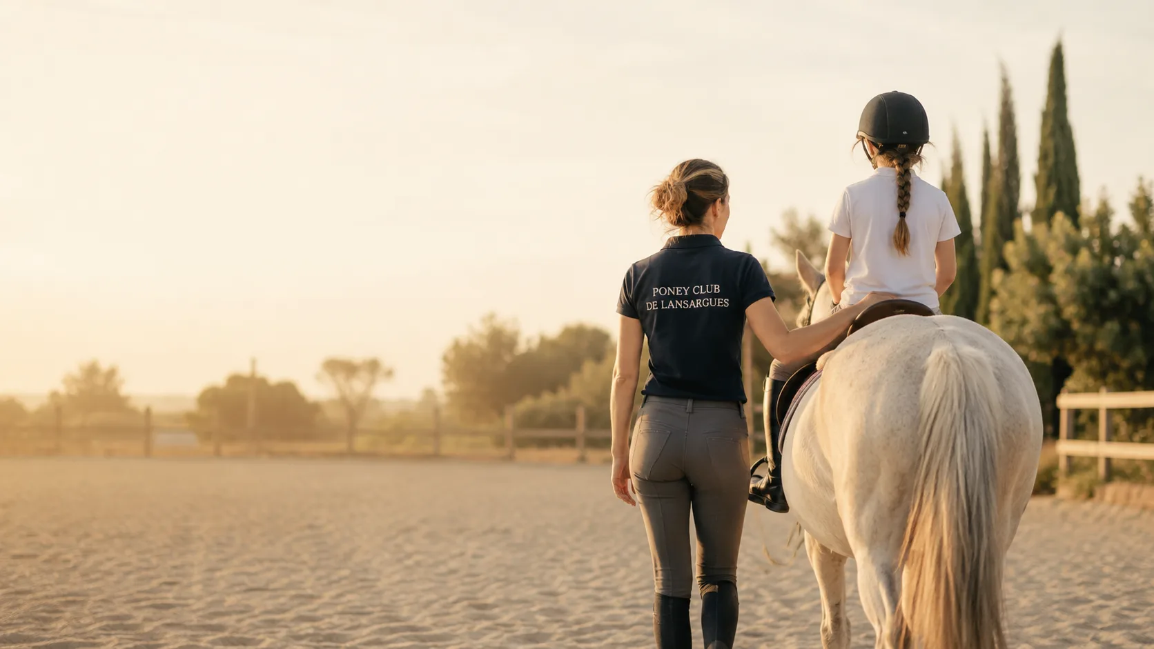 Une monitrice du club accompagne une jeune cavalière et son poney sur la carrière, en fin de journée.